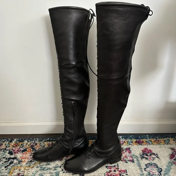 Stuart Weitzman Exes Black Leather Lace Up OTK Boots Size 9.5 - Picture 4 of 10